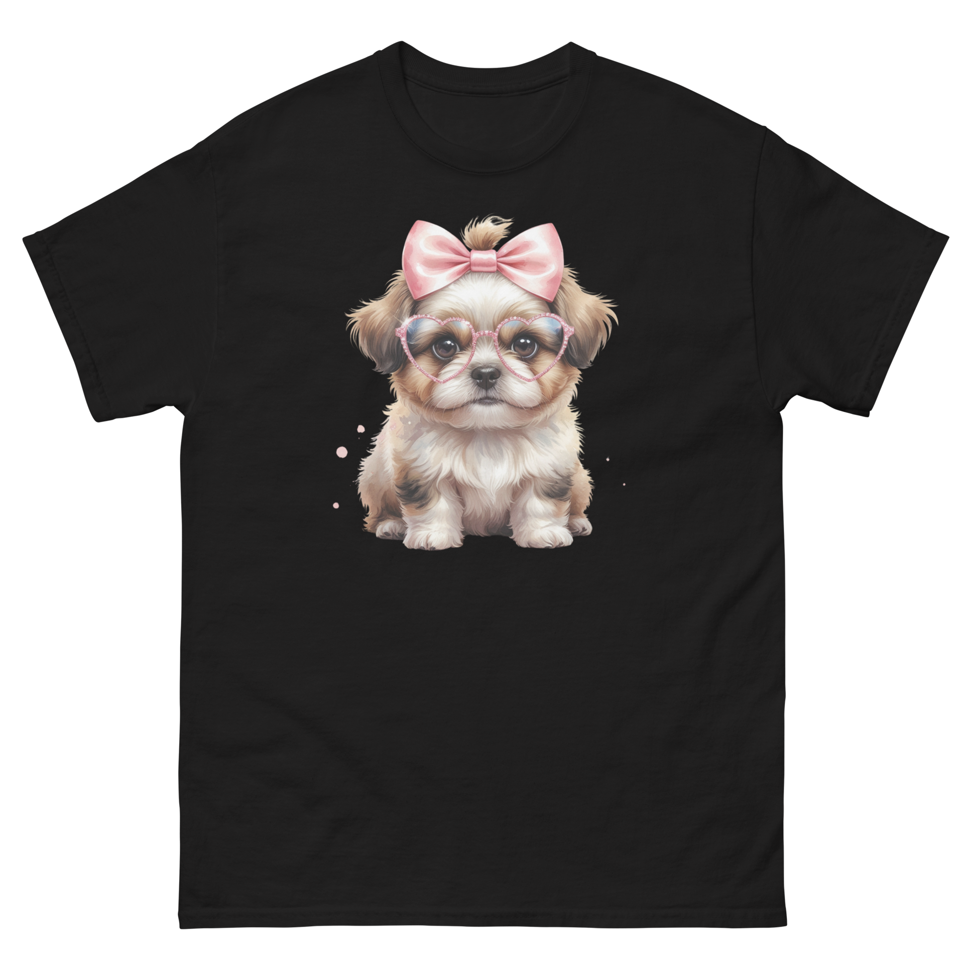 Fluffy Dog Tee – Pink Bow & Heart Glasses Pet Lover Graphic Women Tees Style Junction – Custom Digital Designs & Apparel Black S
