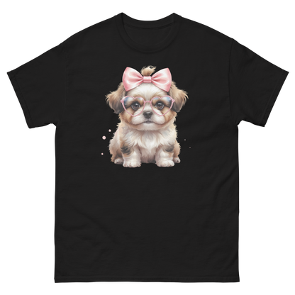 Fluffy Dog Tee – Pink Bow & Heart Glasses Pet Lover Graphic Women Tees Style Junction – Custom Digital Designs & Apparel Black S