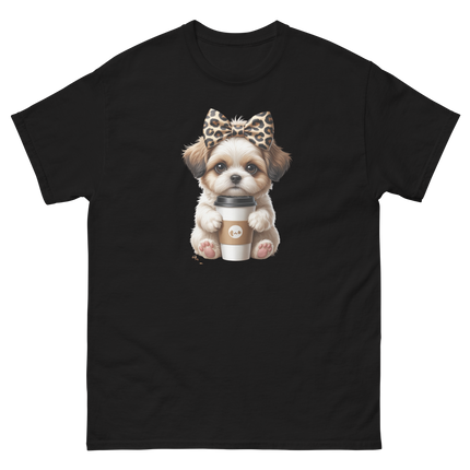 Leopard Bow Shih Tzu Tee – Cute Coffee Puppy Graphic Shirt Women Tees Style Junction – Custom Digital Designs & Apparel Black S