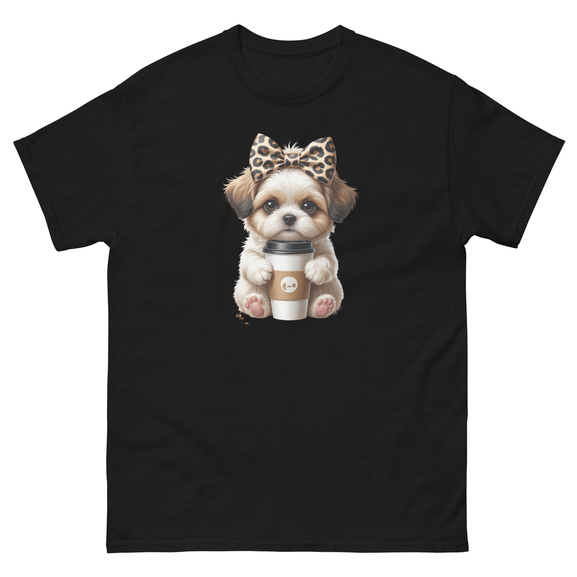 Leopard Bow Shih Tzu Tee – Cute Coffee Puppy Graphic Shirt Women Tees Style Junction – Custom Digital Designs & Apparel Black S