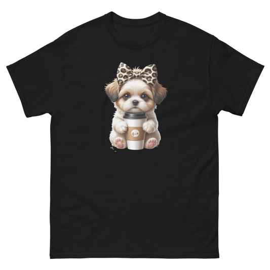 Leopard Bow Shih Tzu Tee – Cute Coffee Puppy Graphic Shirt Women Tees Style Junction – Custom Digital Designs & Apparel Black S