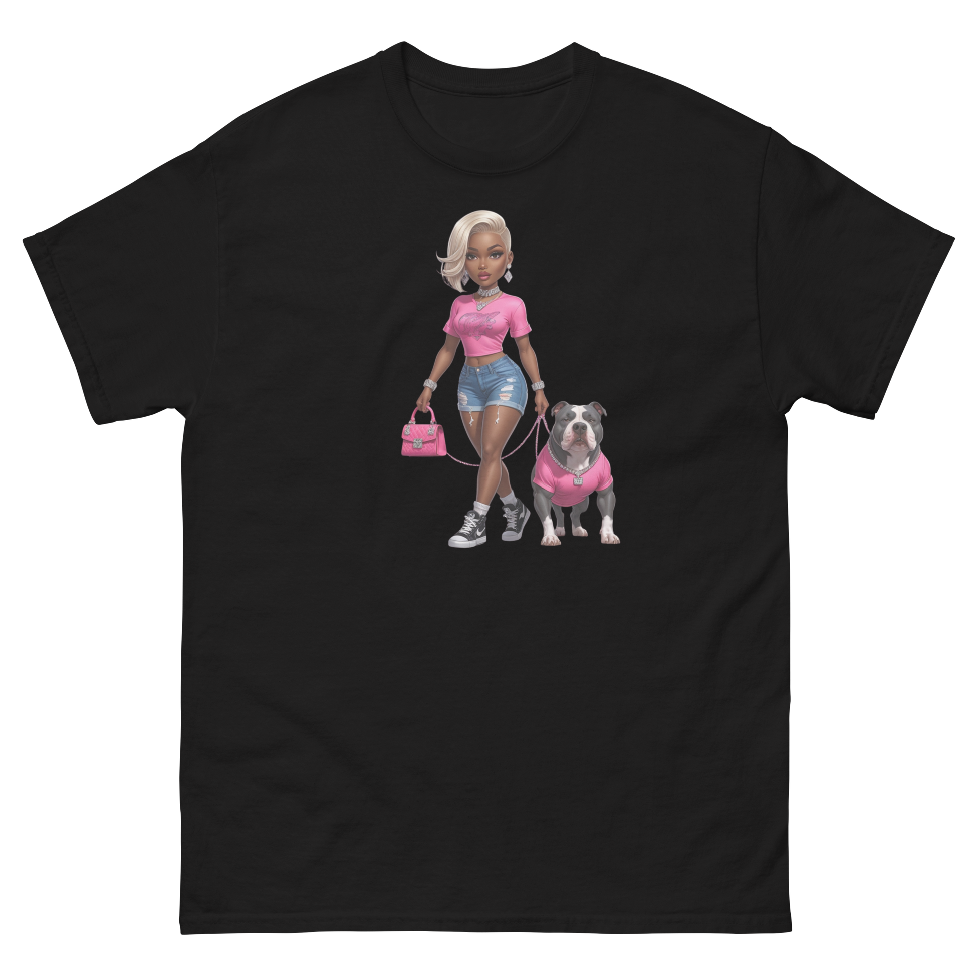 Hot Pink Bulldog Diva Tee – 100% Cotton Graphic Streetwear Women Tees Style Junction – Custom Digital Designs & Apparel Black S