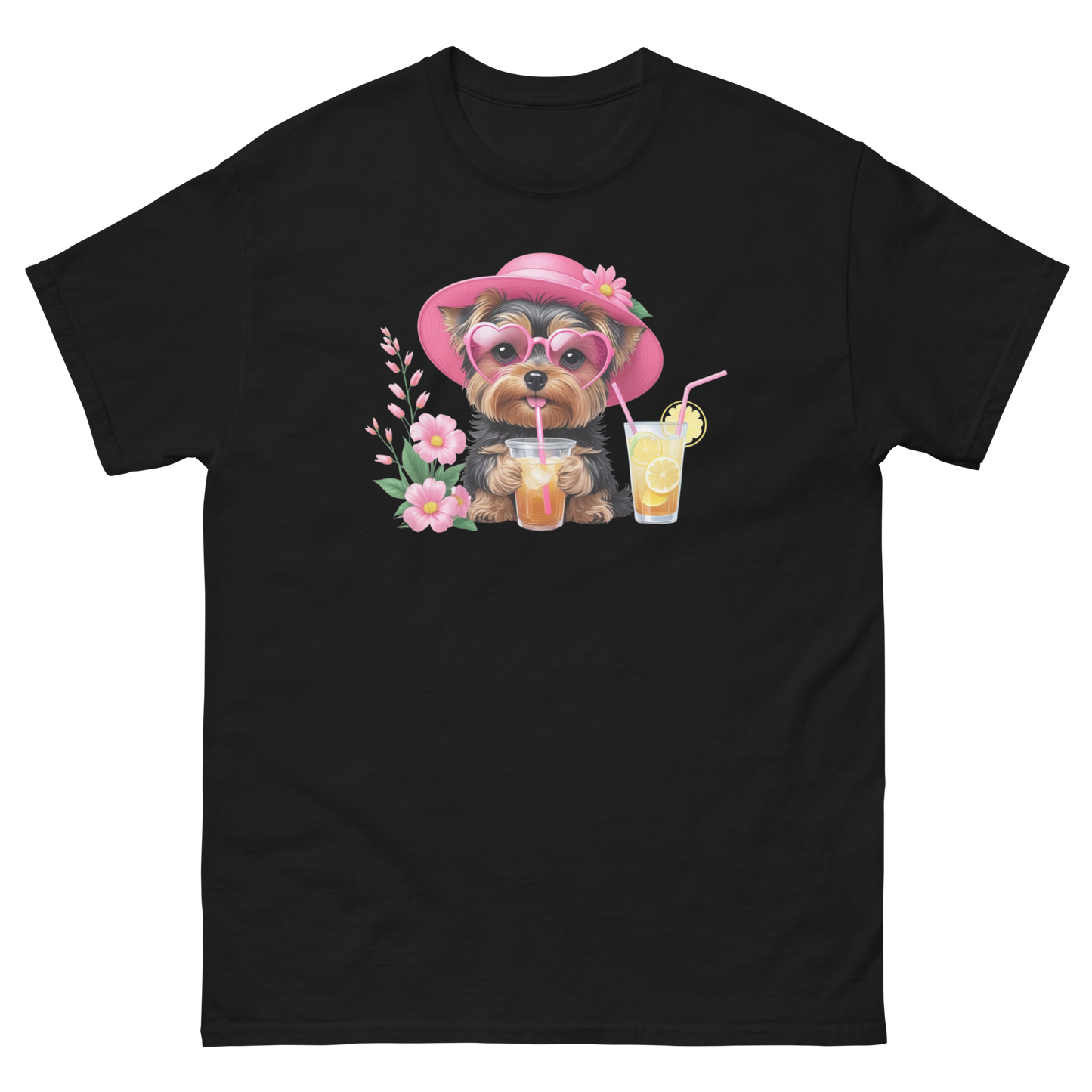 Yorkie Dog #1 Iced Tea Graphic Tee – Floral Summer PNG Print Shirt Women Tees Style Junction – Custom Digital Designs Black S