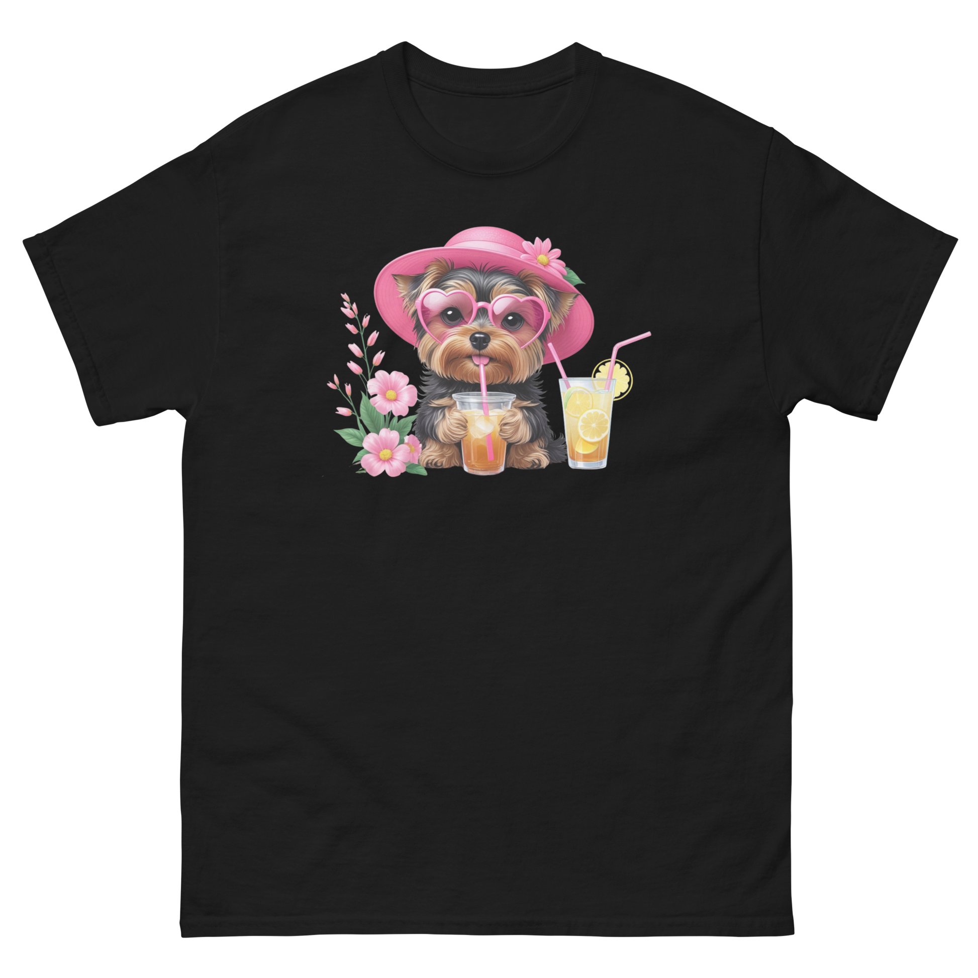 Yorkie Dog #1 Iced Tea Graphic Tee – Floral Summer PNG Print Shirt Women Tees Style Junction – Custom Digital Designs Black S