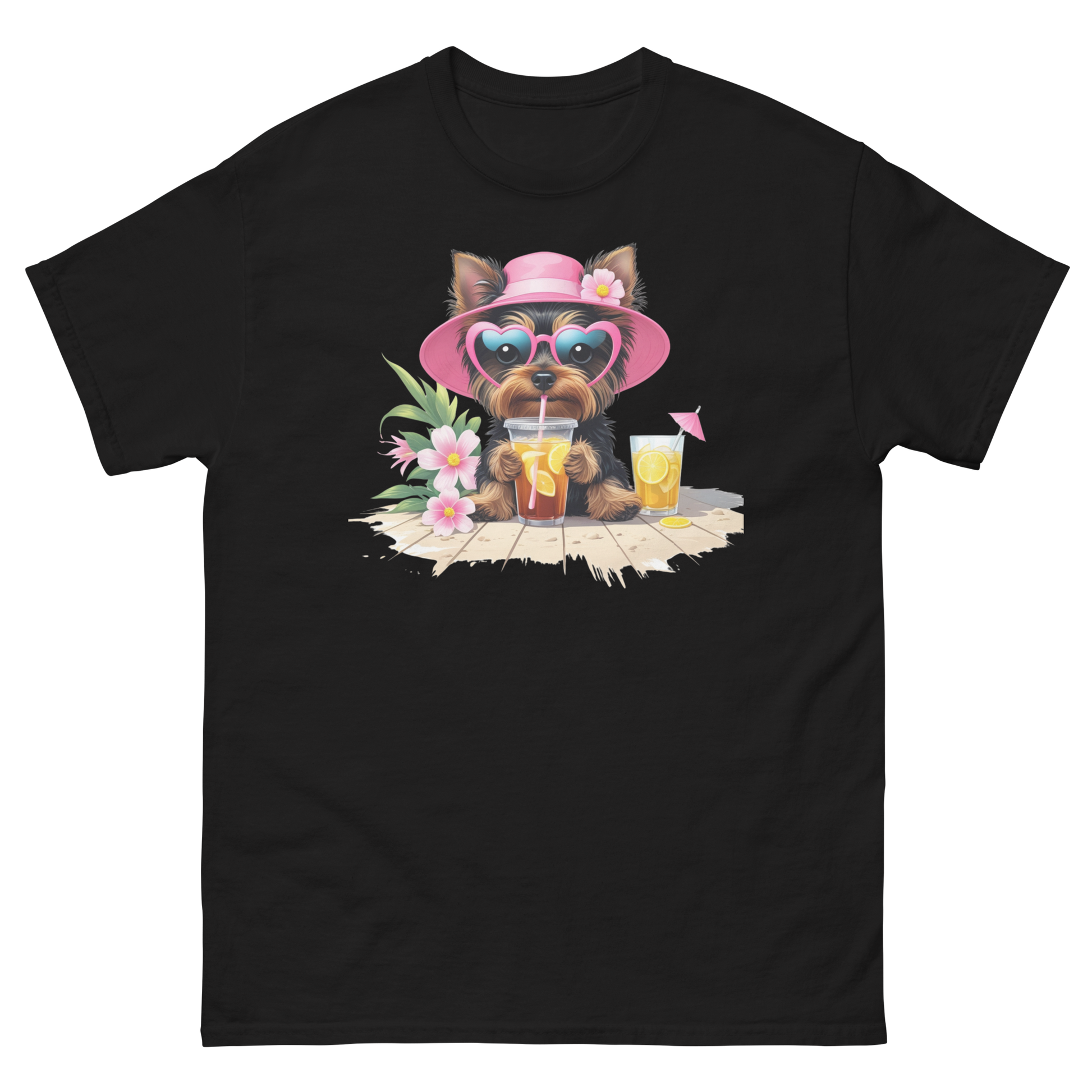 Yorkie Dog #3 Iced Tea Graphic Tee – Floral Summer PNG Print Shirt Women Tees Style Junction – Custom Digital Designs Black S