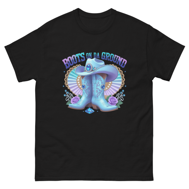 Western Shine Tee – Boots on Da Ground in Cool Blue Women Tees Style Junction – Custom Digital Designs & Apparel Black S