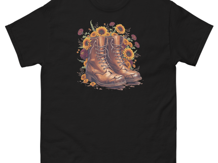 Rustic Fall Combat Boots with Sunflowers Graphic Tee #1 Women Tees Style Junction – Custom Digital Designs & Apparel Black S