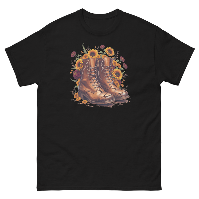Rustic Fall Combat Boots with Sunflowers Graphic Tee #1 Women Tees Style Junction – Custom Digital Designs & Apparel Black S