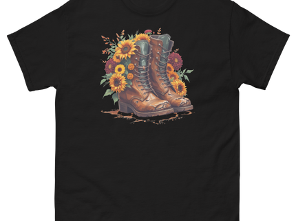 Rustic Fall Combat Boots with Sunflowers Graphic Tee #2 Women Tees Style Junction – Custom Digital Designs & Apparel Black S