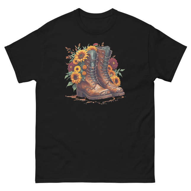 Rustic Fall Combat Boots with Sunflowers Graphic Tee #2 Women Tees Style Junction – Custom Digital Designs & Apparel Black S
