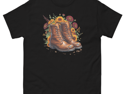 Rustic Fall Combat Boots with Sunflowers Graphic Tee #3 Women Tees Style Junction – Custom Digital Designs & Apparel Black S