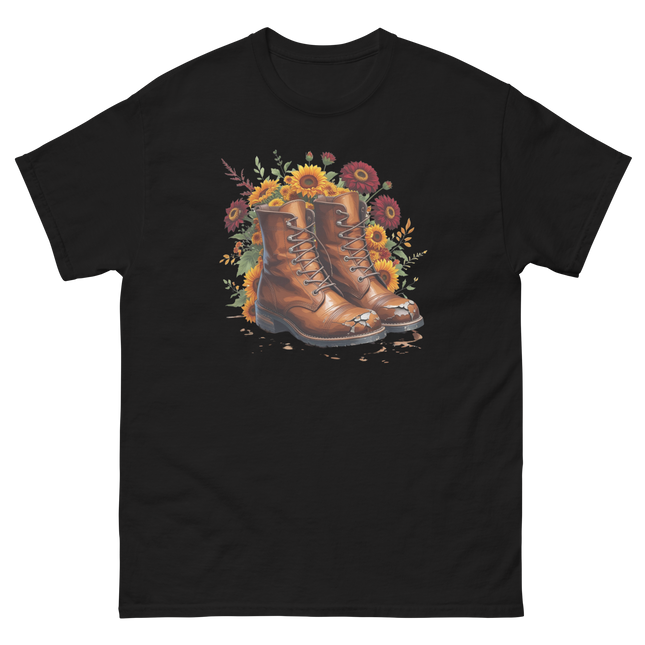 Rustic Fall Combat Boots with Sunflowers Graphic Tee #3 Women Tees Style Junction – Custom Digital Designs & Apparel Black S