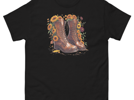 Rustic Fall Combat Boots with Sunflowers Graphic Tee #4 Women Tees Style Junction – Custom Digital Designs & Apparel Black S