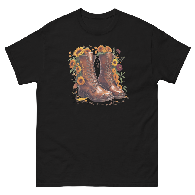 Rustic Fall Combat Boots with Sunflowers Graphic Tee #4 Women Tees Style Junction – Custom Digital Designs & Apparel Black S