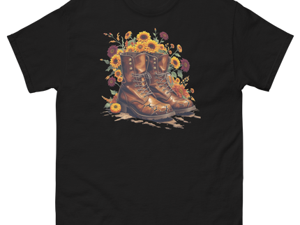 Rustic Fall Combat Boots with Sunflowers Graphic Tee #5 Women Tees Style Junction – Custom Digital Designs & Apparel Black S
