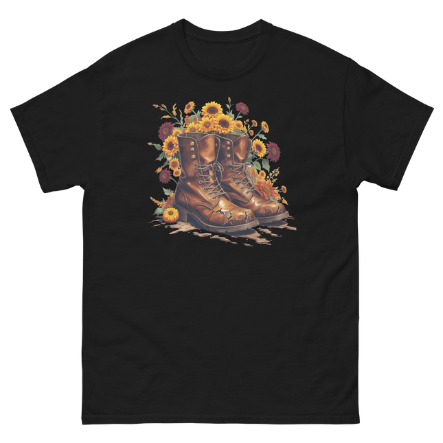 Rustic Fall Combat Boots with Sunflowers Graphic Tee #5 Women Tees Style Junction – Custom Digital Designs & Apparel Black S