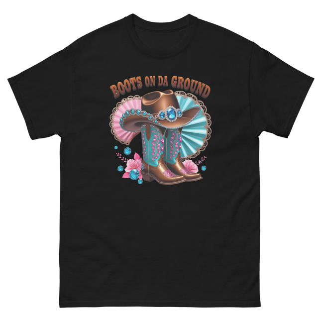 Brown Rhinestone Cowgirl Boots Tee – Boots on Da Ground #2 Women Tees Style Junction – Custom Digital Designs & Apparel Black S