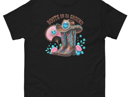 Brown Rhinestone Cowgirl Boots Tee – Boots on Da Ground #5 Women Tees Style Junction – Custom Digital Designs & Apparel Black S