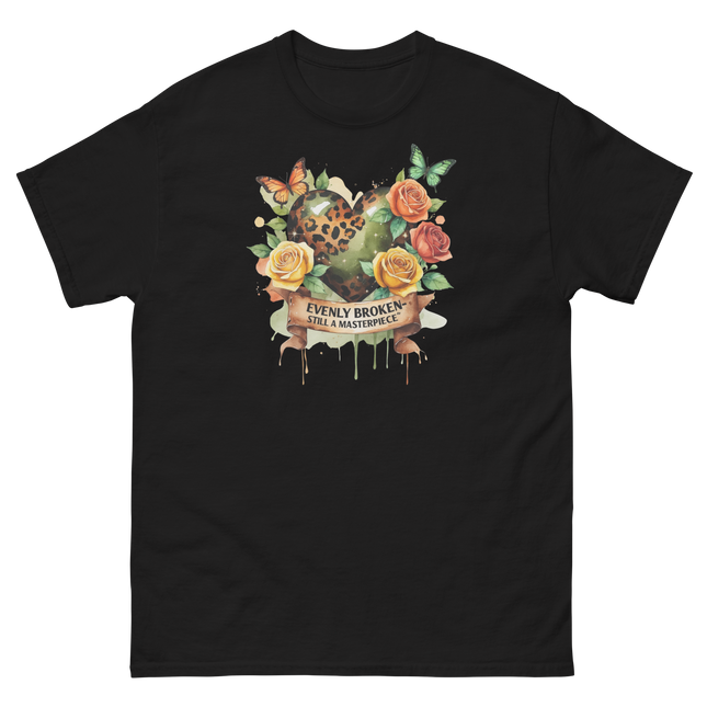 Evenly Broken Leopard Heart Tee – Watercolor Floral Vibes #1 Women Tees Style Junction – Custom Digital Designs & Apparel Black S