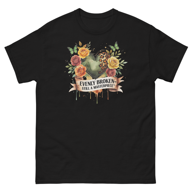 Evenly Broken Leopard Heart Tee – Watercolor Floral Vibes #3 Women Tees Style Junction – Custom Digital Designs & Apparel Black S