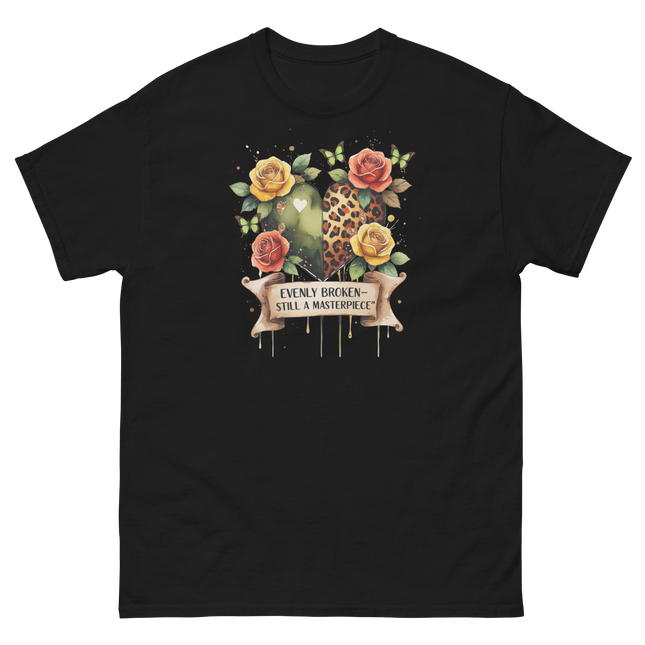 Evenly Broken Leopard Heart Tee – Watercolor Floral Vibes #4 Women Tees Style Junction – Custom Digital Designs & Apparel Black S