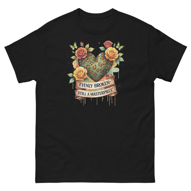 Evenly Broken Leopard Heart Tee – Watercolor Floral Vibes #5 Women Tees Style Junction – Custom Digital Designs & Apparel Black S