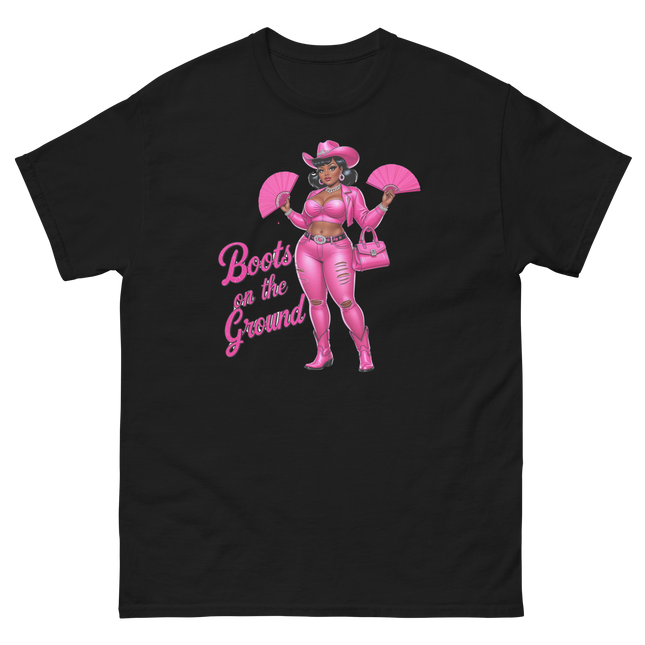 Pink Glam Cowgirl Tee – Boots on the Ground Graphic Shirt #1 Women Tees Style Junction – Custom Digital Designs & Apparel Black S