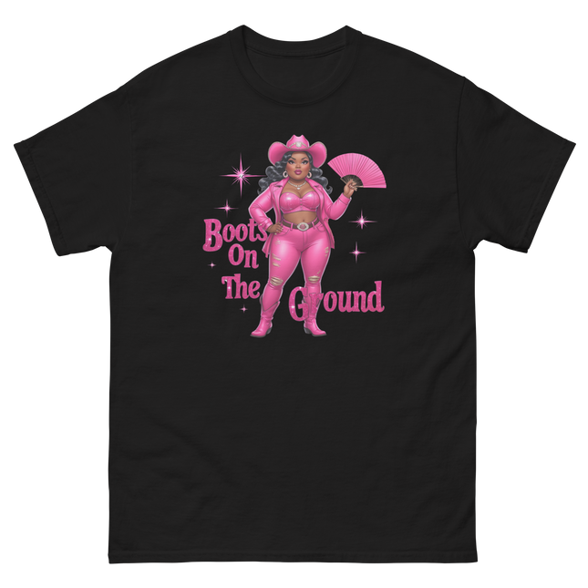 Pink Glam Cowgirl Tee – Boots on the Ground Graphic Shirt #3 Women Tees Style Junction – Custom Digital Designs & Apparel Black S
