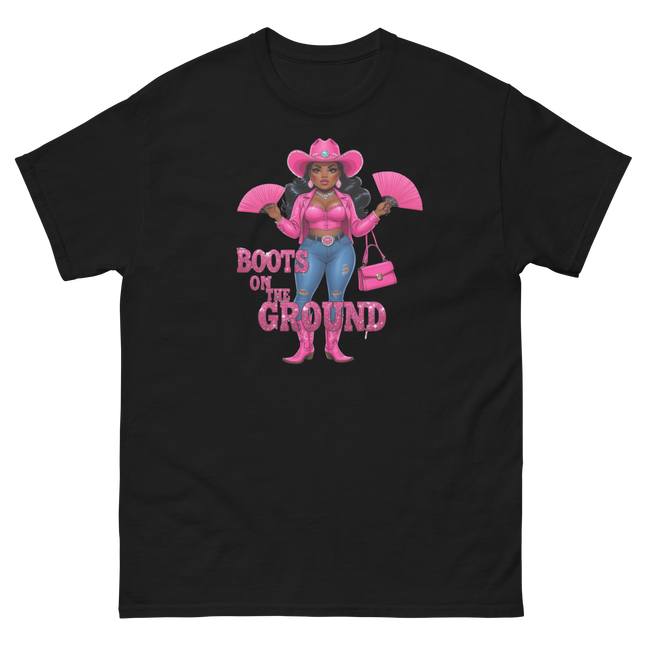 Pink Glam Cowgirl Tee – Boots on the Ground Graphic Shirt #4 Women Tees Style Junction – Custom Digital Designs & Apparel Black S