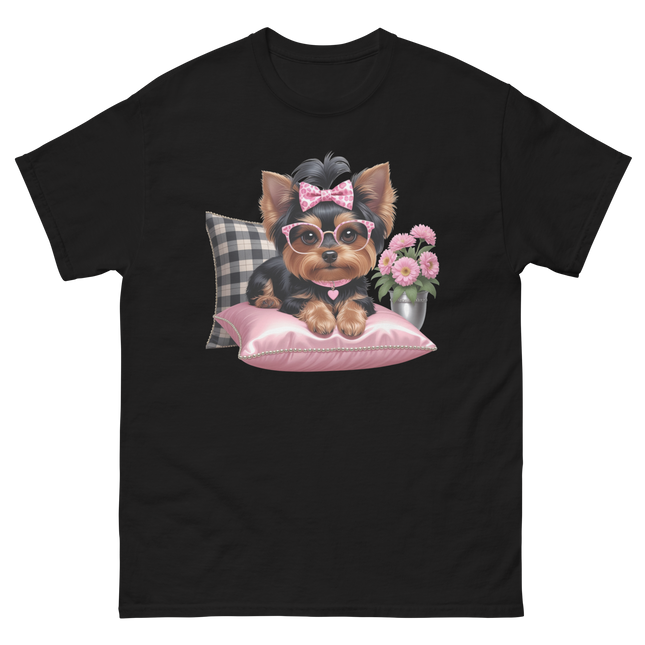 Yorkie Glam Tee – Pink Leopard Print Dog Graphic Shirt #1 Women Tees Style Junction – Custom Digital Designs & Apparel Black S