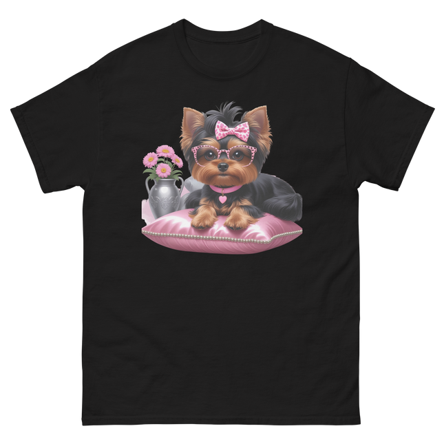 Yorkie Glam Tee – Pink Leopard Print Dog Graphic Shirt #2 Women Tees Style Junction – Custom Digital Designs & Apparel Black S