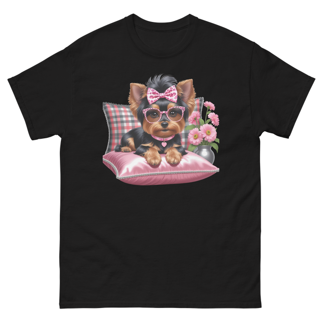 Yorkie Glam Tee – Pink Leopard Print Dog Graphic Shirt #3 Women Tees Style Junction – Custom Digital Designs & Apparel Black S