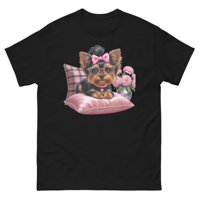 Yorkie Glam Tee – Pink Leopard Print Dog Graphic Shirt #4 Women Tees Style Junction – Custom Digital Designs & Apparel Black S