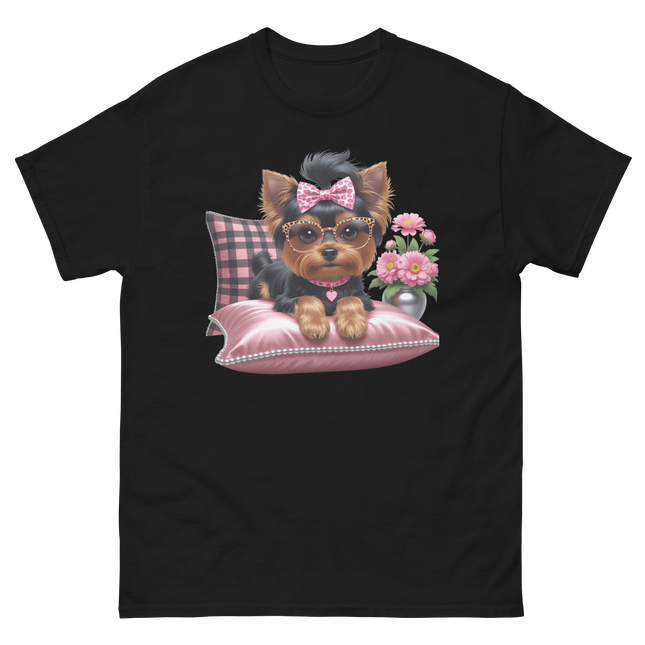 Yorkie Glam Tee – Pink Leopard Print Dog Graphic Shirt #5 Women Tees Style Junction – Custom Digital Designs & Apparel Black S