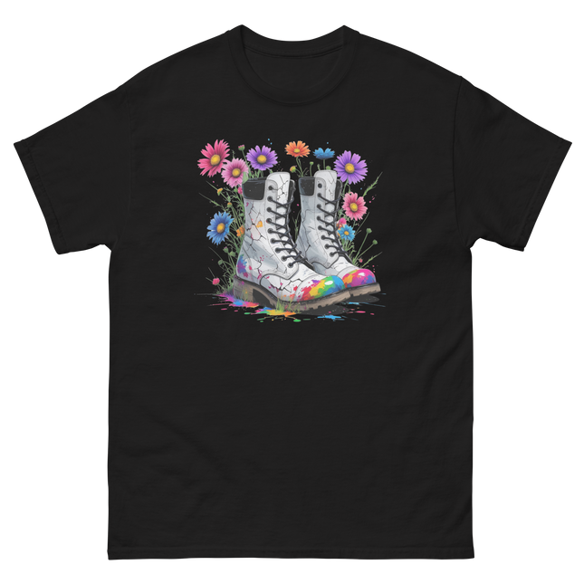 Rainbow Combat Boots Tee – Floral Festival Graphic Shirt #1 Women Tees Style Junction – Custom Digital Designs & Apparel Black S