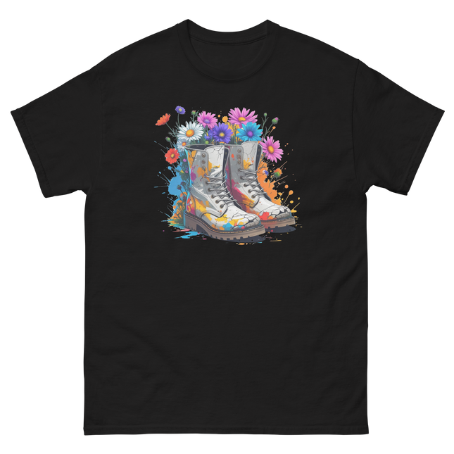 Rainbow Combat Boots Tee – Floral Festival Graphic Shirt #2 Women Tees Style Junction – Custom Digital Designs & Apparel Black S