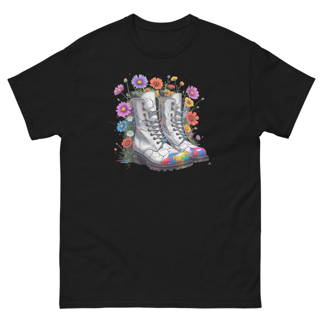 Rainbow Combat Boots Tee – Floral Festival Graphic Shirt #3 Women Tees Style Junction – Custom Digital Designs & Apparel Black S