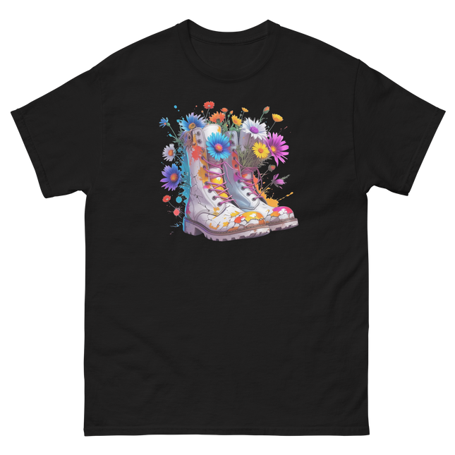 Rainbow Combat Boots Tee – Floral Festival Graphic Shirt #4 Women Tees Style Junction – Custom Digital Designs & Apparel Black S