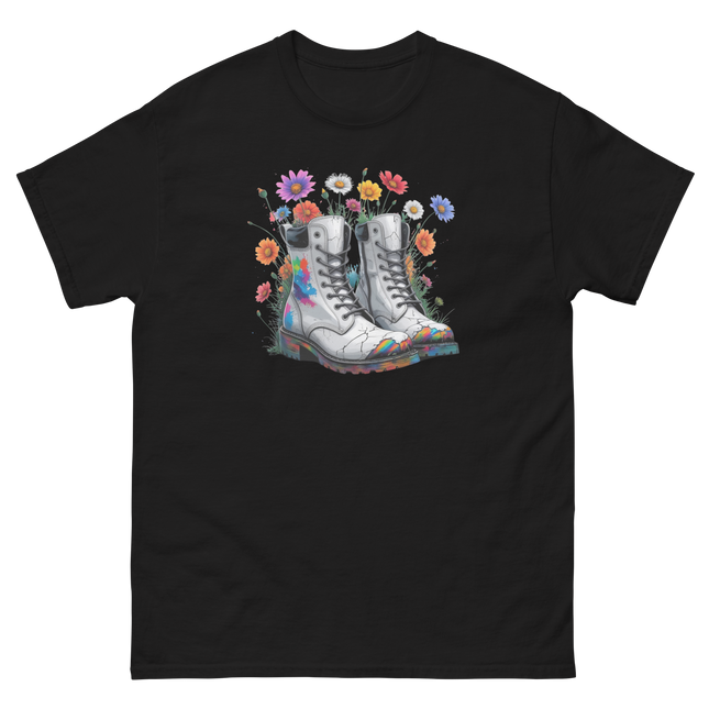 Rainbow Combat Boots Tee – Floral Festival Graphic Shirt #5 Women Tees Style Junction – Custom Digital Designs & Apparel Black S