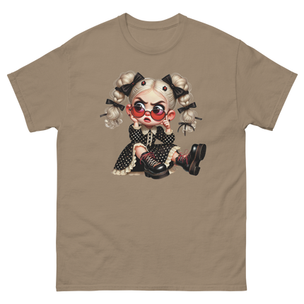 Sassy Blonde Pigtail Tee – Grumpy Doll in Polka Dot Dress Women Tees Style Junction – Custom Digital Designs & Apparel Brown Savana S