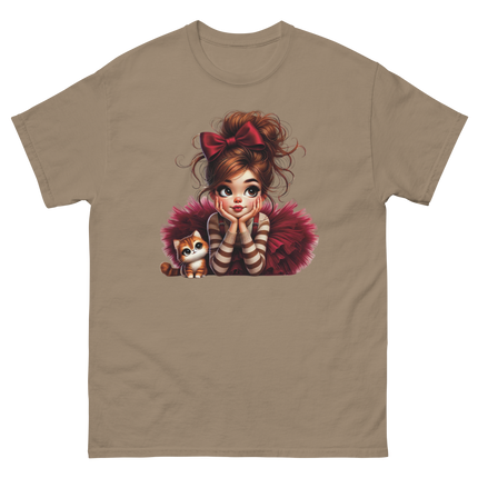 Cute Girl & Cat Tee – Red Tulle Skirt, Big Bow, Whimsical Style Women Tees Style Junction – Custom Digital Designs & Apparel Brown Savana S