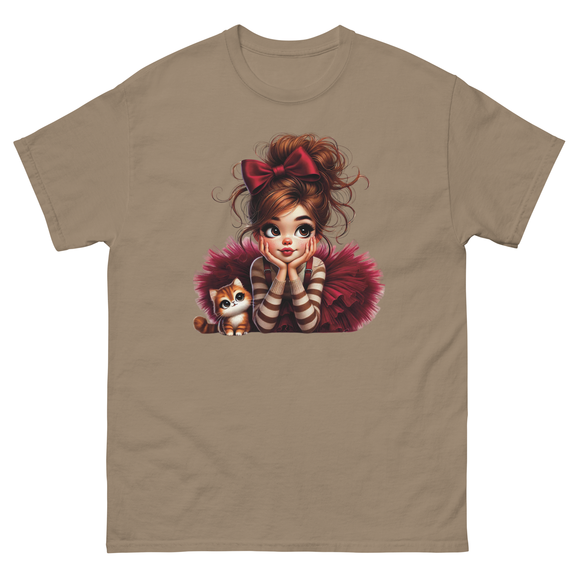 Cute Girl & Cat Tee – Red Tulle Skirt, Big Bow, Whimsical Style Women Tees Style Junction – Custom Digital Designs & Apparel Brown Savana S