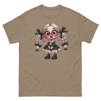 Polka Dot Girl Tee – Vintage Doll Style with Blonde Pigtails Women Tees Style Junction – Custom Digital Designs & Apparel Brown Savana S