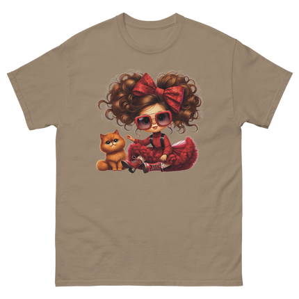 Curly Hair Girl & Cat Tee – Red Skirt & Bow Doll Style Graphic Women Tees Style Junction – Custom Digital Designs & Apparel Brown Savana S