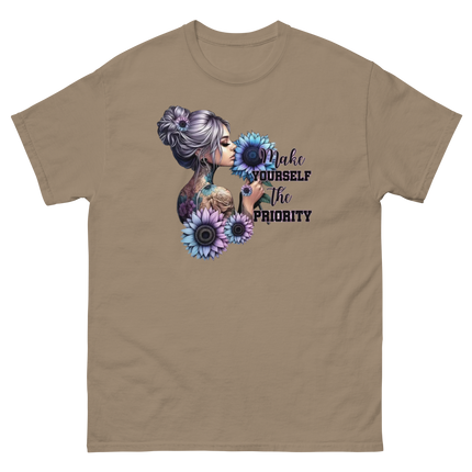 Make Yourself Priority Tee – Tattooed Floral Woman Graphic Women Tees Style Junction – Custom Digital Designs & Apparel Brown Savana S