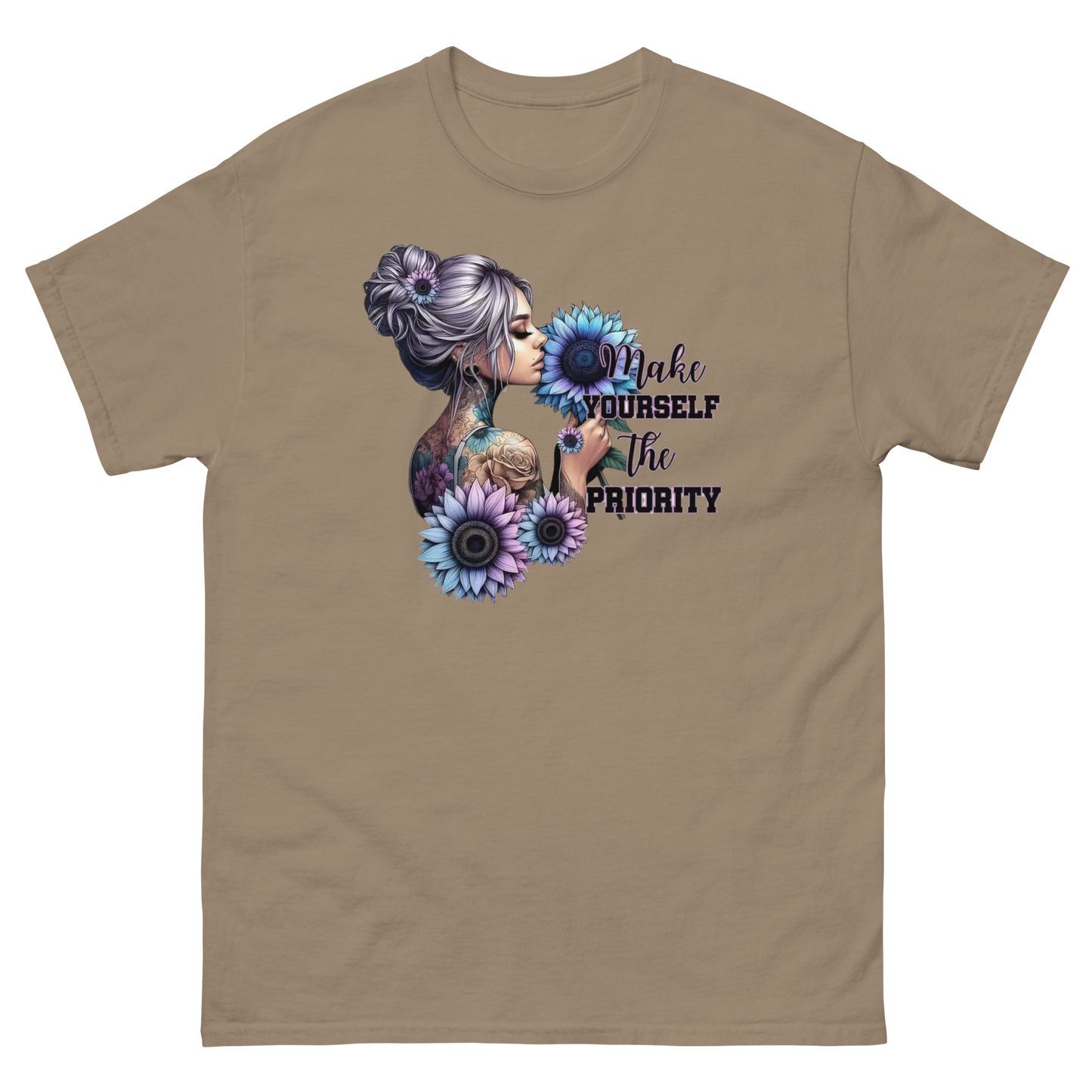 Make Yourself Priority Tee – Tattooed Floral Woman Graphic Women Tees Style Junction – Custom Digital Designs & Apparel Brown Savana S