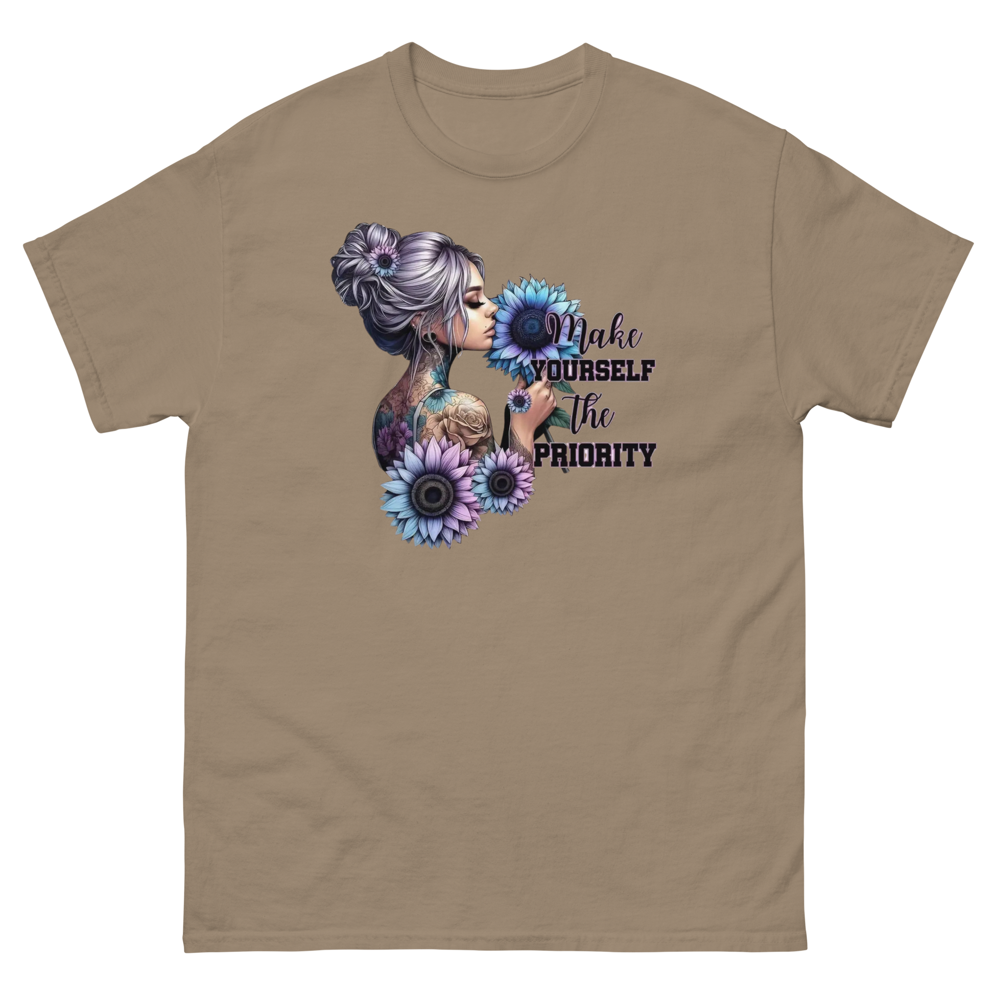 Make Yourself Priority Tee – Tattooed Floral Woman Graphic Women Tees Style Junction – Custom Digital Designs & Apparel Brown Savana S