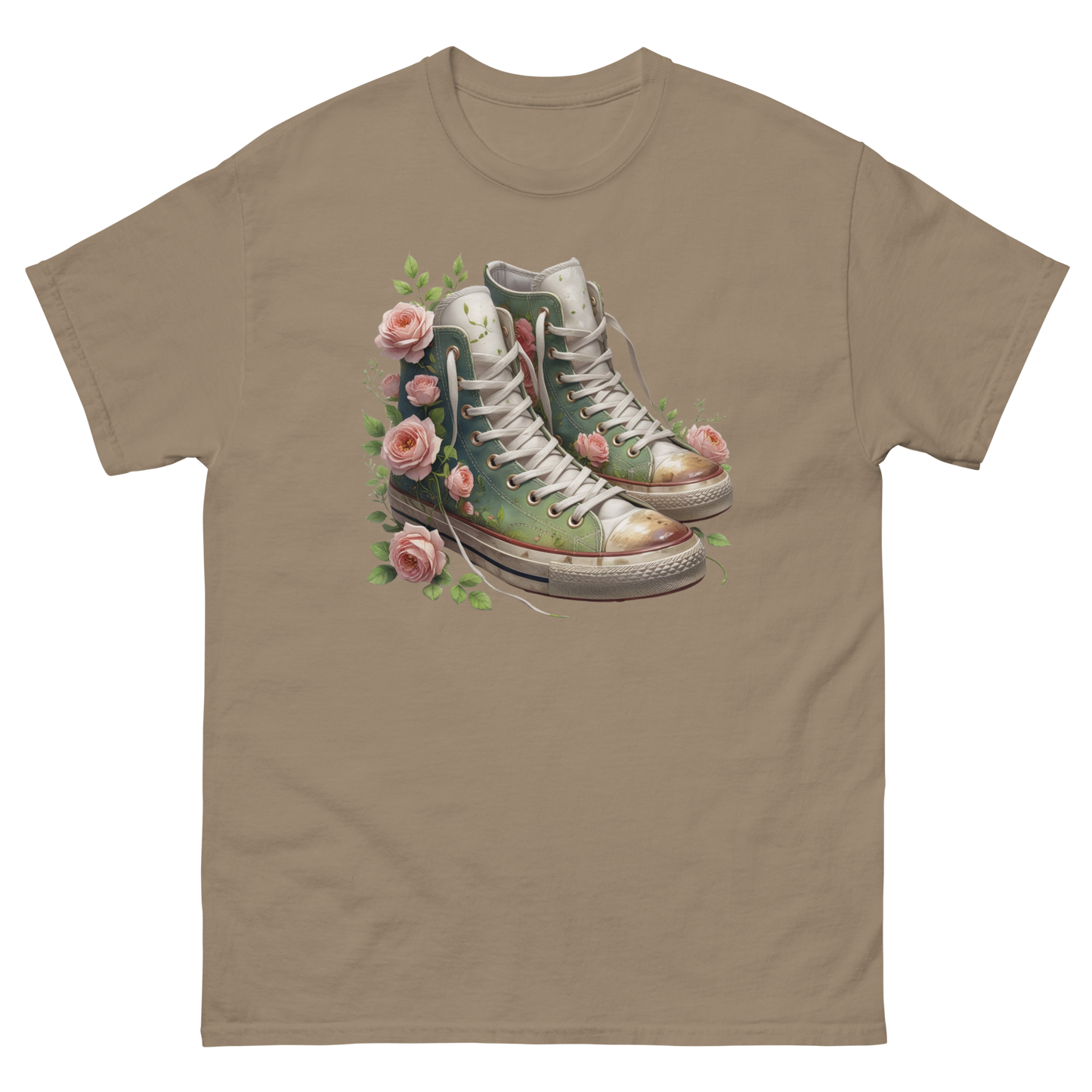 Floral High Top Sneaker Tee – Boho Chic Rose Graphic Shirt Women Tees Style Junction – Custom Digital Designs & Apparel Brown Savana S