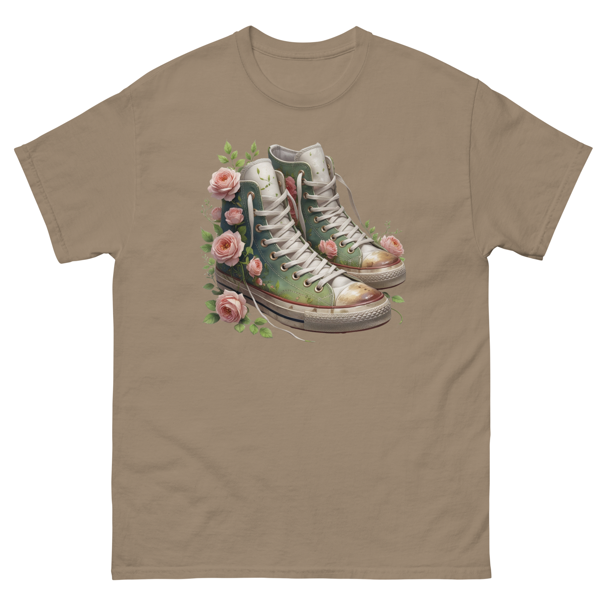 Floral High Top Sneaker Tee – Boho Chic Rose Graphic Shirt Women Tees Style Junction – Custom Digital Designs & Apparel Brown Savana S