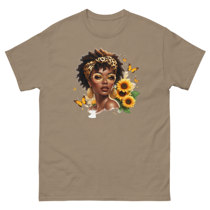 Afro Chic Sunflower Tee – Leopard Wrap & Butterfly Graphic Women Tees Style Junction – Custom Digital Designs & Apparel Brown Savana S